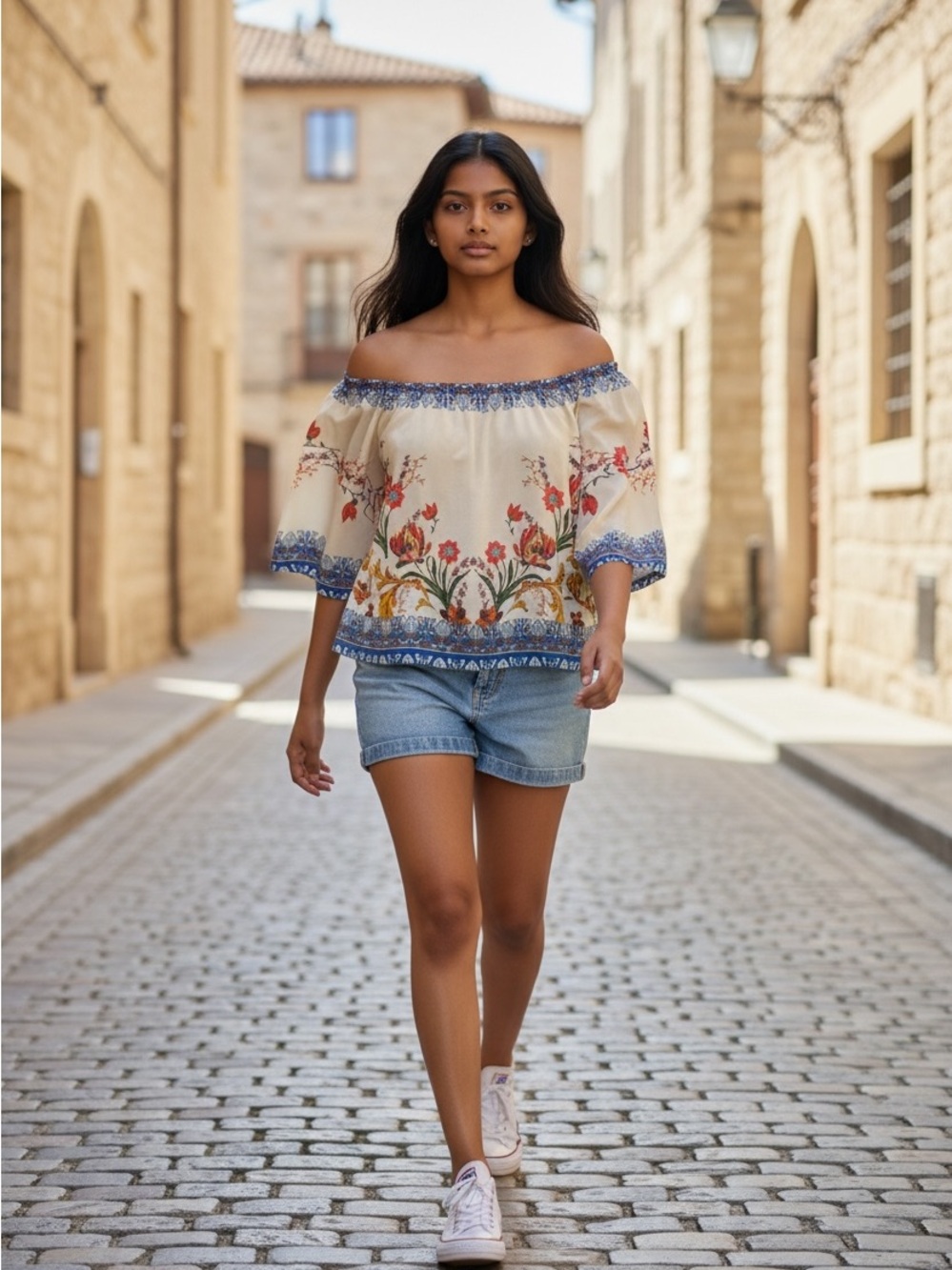 Free market Bohemian Off-Shoulder Floral Top in Cream and Blue